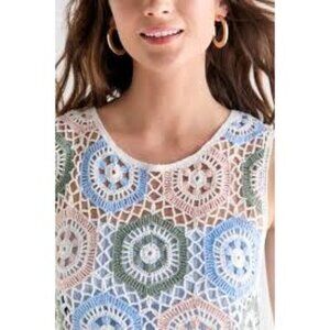 Francescas Womens Crochet Open Knit Boho Hippie Tank Top Floral Pattern M Blue
